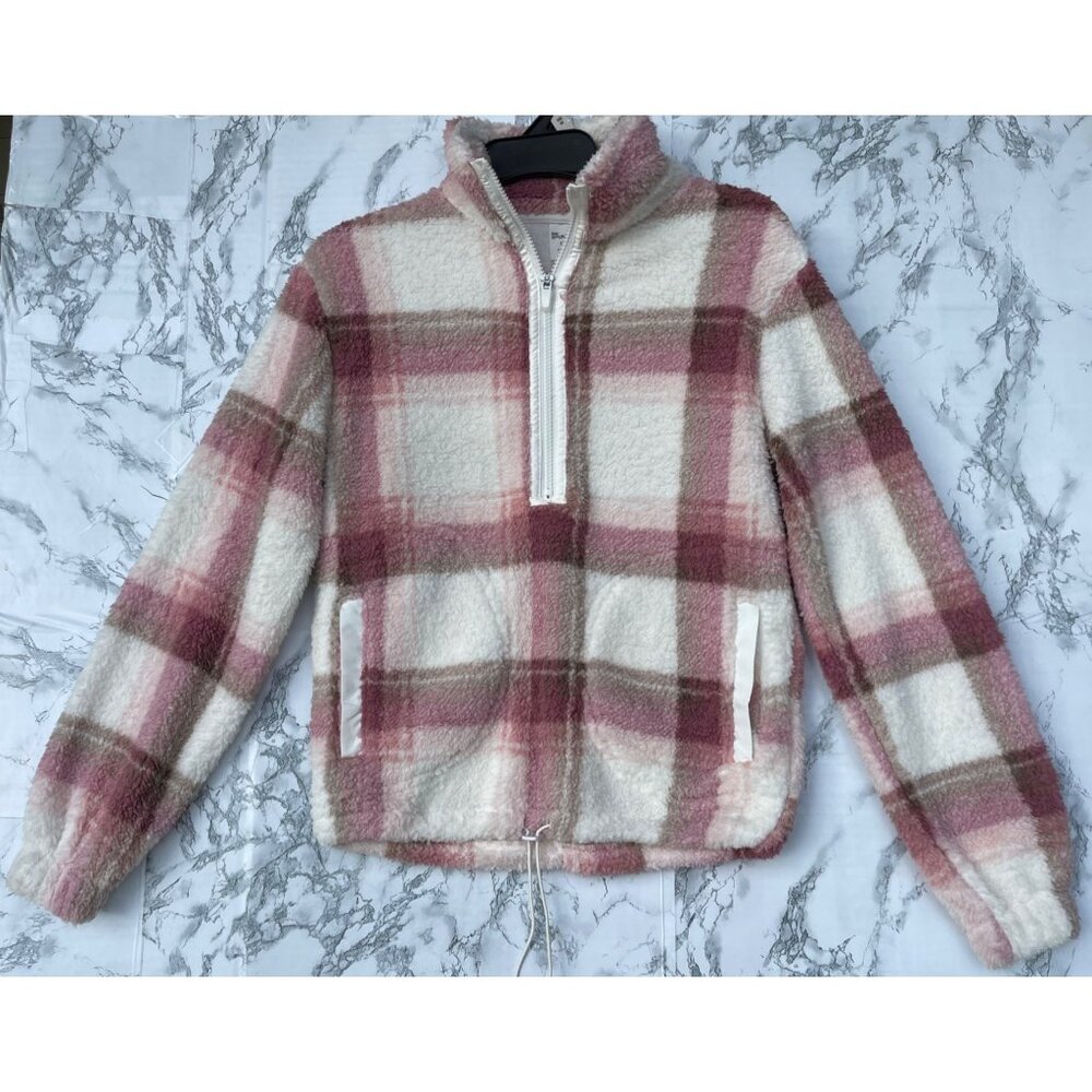 No Boundaries XXS Pink Plaid 1/4 Zip Pullover 100% Recycled Polyester Soft Cozy
